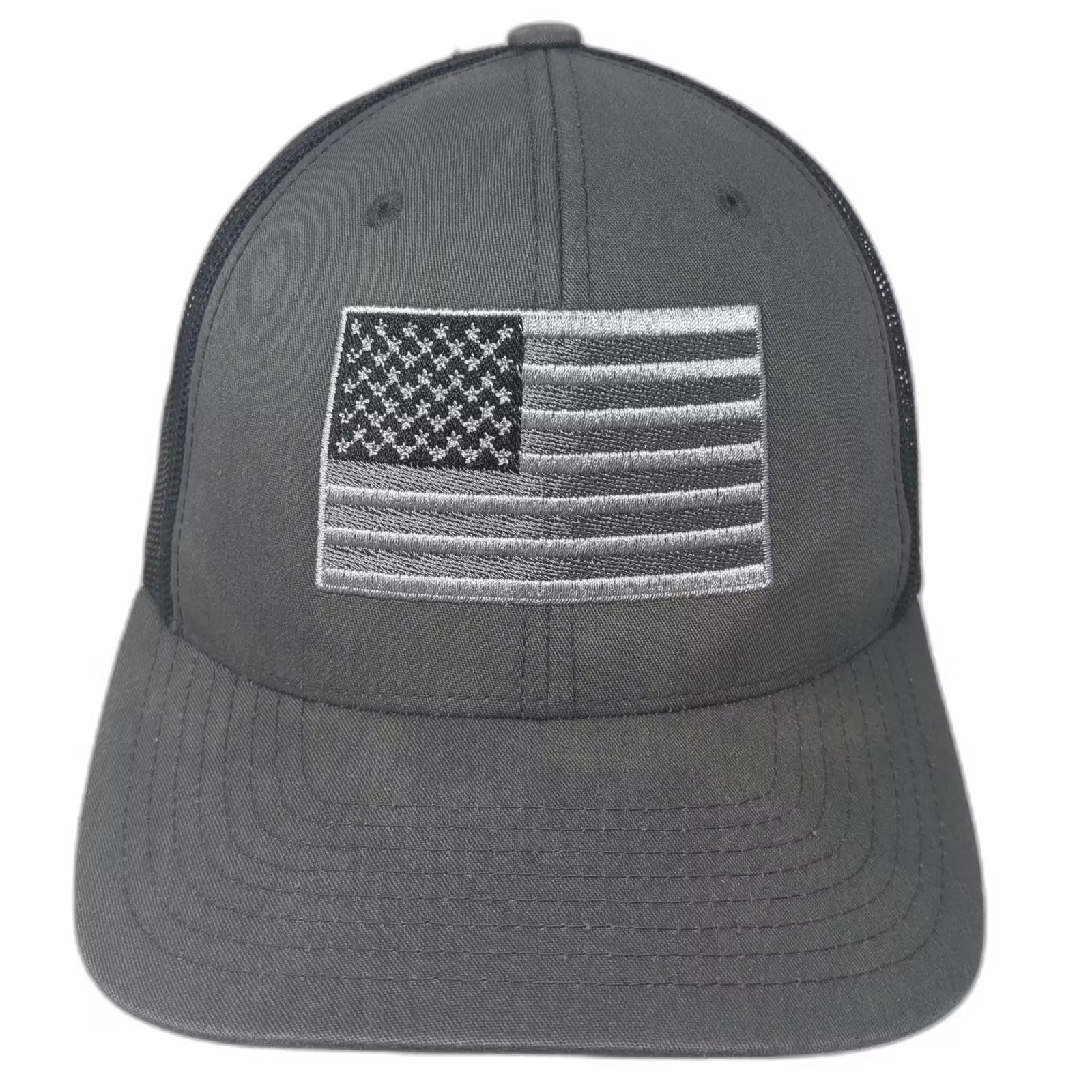 Yupoong Trucker Hat Gray Black American Flag Embroidered Os Snapback Adjustable